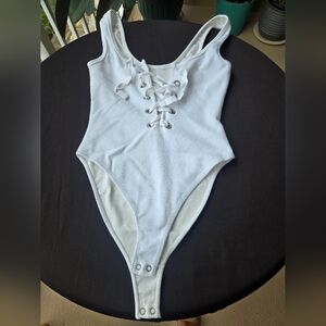 White Ribbed Lace-Up Bodysuit Size S